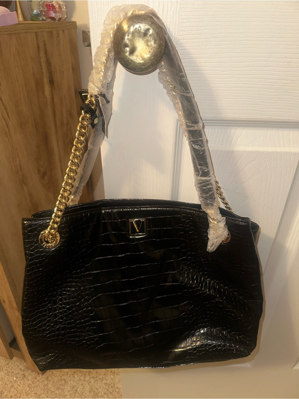 Victoria's Secret Black Croc-Embossed Tote Bag with Gold Chain Handles